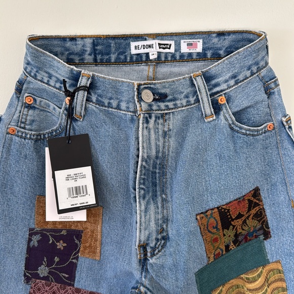 RE/Done Levi’s Indigo Patched 70s flare jeans size 24 - Picture 2 of 5